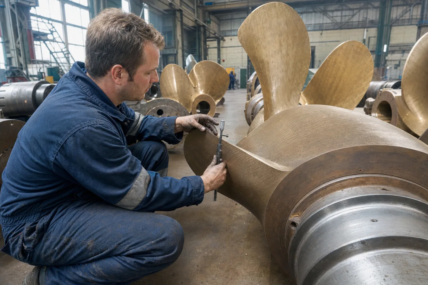 An engineer measuring a propeller blade on a workshop floor